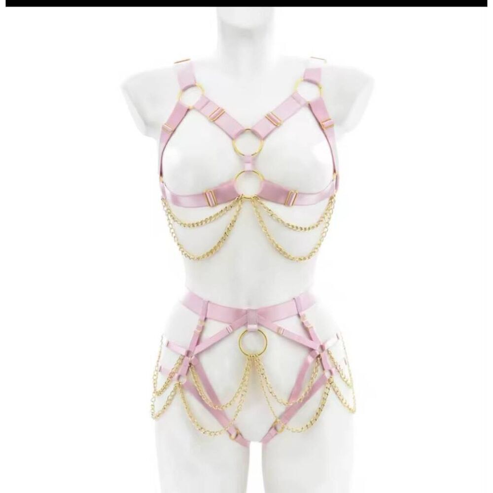 NWOT 2 Piece Pink Garter Harness Lingerie Set Chain